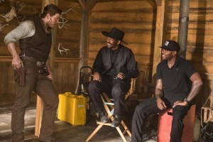 Chris Pratt, Denzel Washington and Director Antoine Fuqua on the set of Columbia Pictures' THE MAGNIFICENT SEVEN.