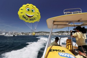 CANNES, FRANCE - MAY 16:  Actor T.J Miller parasails to ?The Emoji Movie? photo call at the start of the 70th Cannes Film Festival at The Carlton Pier on May 16, 2017 in Cannes, France.  (Photo by Neilson Barnard/Getty Images for Sony Pictures)
